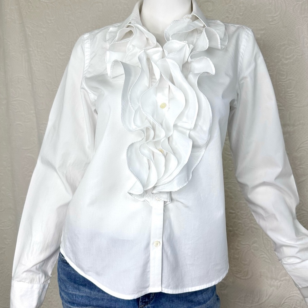 Lauren Ralph Lauren White Cotton Ruffle Front Button Down Shirt - Picture 6 of 16